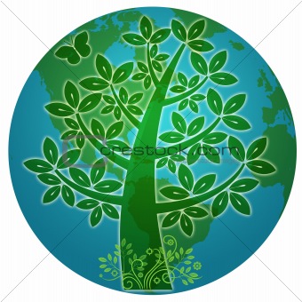 Blue Planet with Abstract Eco Tree Silhouette