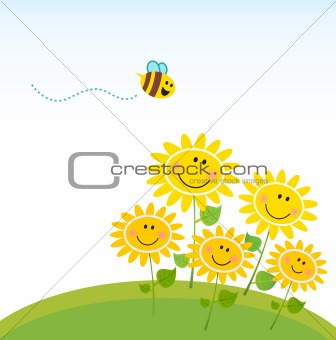 Cute yellow honey bee with group of flowers