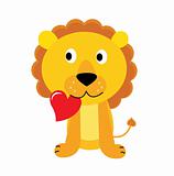 Cute little lion with red heart isolated on white