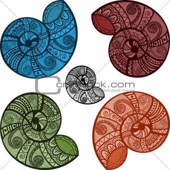 five bright snail shells with ethnic patterns