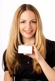 Pretty woman holding business card