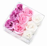 Fabrics rose in transparent gift to box