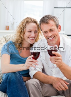 Couple drinking some red wine in the living room
