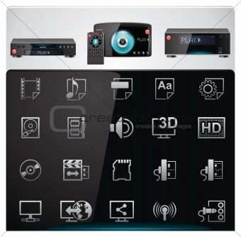 Vector video players features and specifications icon set