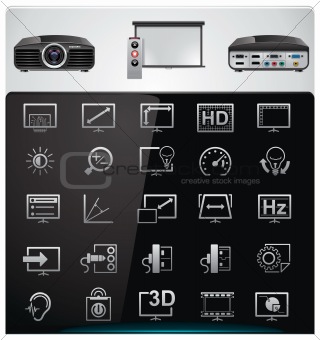 Vector video projector features and specifications icon set