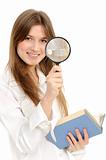Businesswoman using magnifying glass 