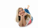 young casual smiling woman lying on the floor relaxing isolated 