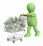 Puppet with shopping cart and dollars