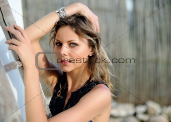 young sexy beautiful fashion woman outdoors in sunny summer day