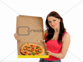 Pretty young casual girl with tasty pizza in delivery paper box.