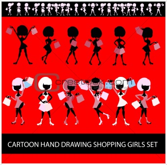 fashion shopping girls illustration set 
