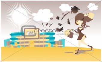 Vector image of a beautiful girl in dress with a successful shop