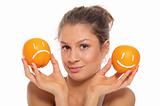 Woman with two oranges  different emotions