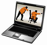 Vector humorous silhouette of businessman and opened laptop