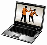 Vector humorous silhouette of businessman and opened laptop