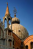 Detail of St. Mark's Basilica against a clear blue sky, Venice