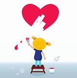 Little artist - cute girl painting red Heart on the Wall