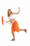 happy pregnant woman with a mop