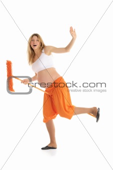 happy pregnant woman with a mop