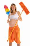 angry pregnant woman with a mop