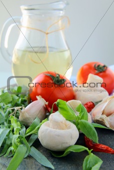 Fresh herbs and spices, tomato, garlic, pepper, mushroom