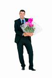 businessman with vase of flowers