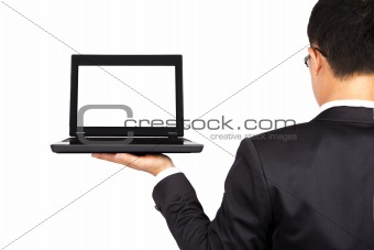 businessman and laptop isolated on white background