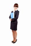 Full body portrait of young and happy  business woman isolated on white background