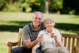 Senior couple eating an ice cream on a bench