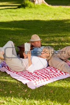 Woman reading while her husband is sleeping in the park