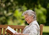 Retired woman reading a book on the  bench