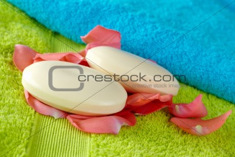 Bath Towels with Soaps and Rose Petals