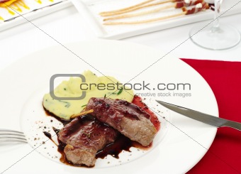 Meat with Red Sauce and Mashed Potato