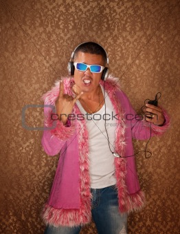 Man in Pink Jacket Listens to Music