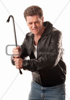 Angry man holding a crowbar