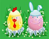 Funny Easter colored eggs in the form of a rabbit and chicken