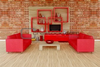 3d interior room with red sofa