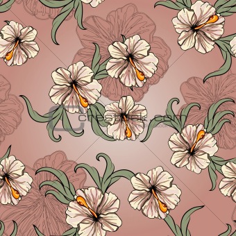 seamless spring pattern with hibiscus flowers and leaves