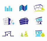 Real estate, architecture and nature icons and symbols - blue an