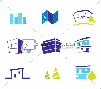 Real estate, architecture and nature icons and symbols - blue an