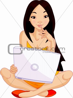 Young Asiatic woman sitting on cushion with laptop