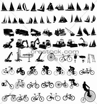 Vector illustration of bicycles, yachts  and Construction vehicles