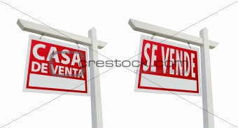 Two Spanish House For Sale Real Estate Signs with Clipping Paths Isolated on a White Background.