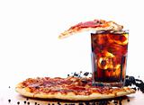 Fresh pizza and cold cola drink