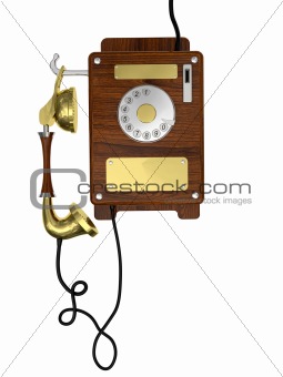 Old style wooden phone isolated on white background