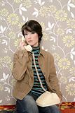 talking telephone retro woman on vintage wallpaper