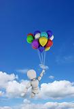Person in blue sky with balloons
