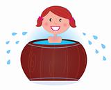 A girl soaking in cold barrel tub after sauna
