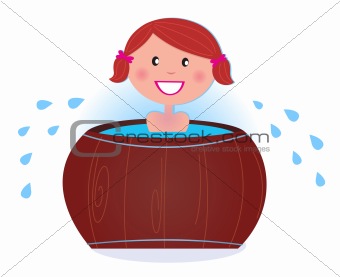 A girl soaking in cold barrel tub after sauna
