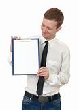 young man holds a clipboard